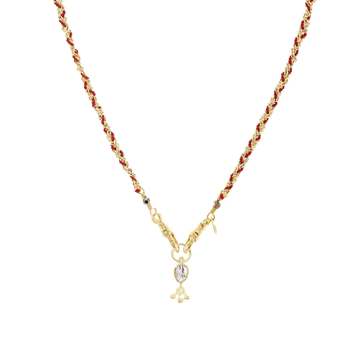 Marie Laure Chamorel Red Silk And Gold Woven Necklace With Polki Crystal