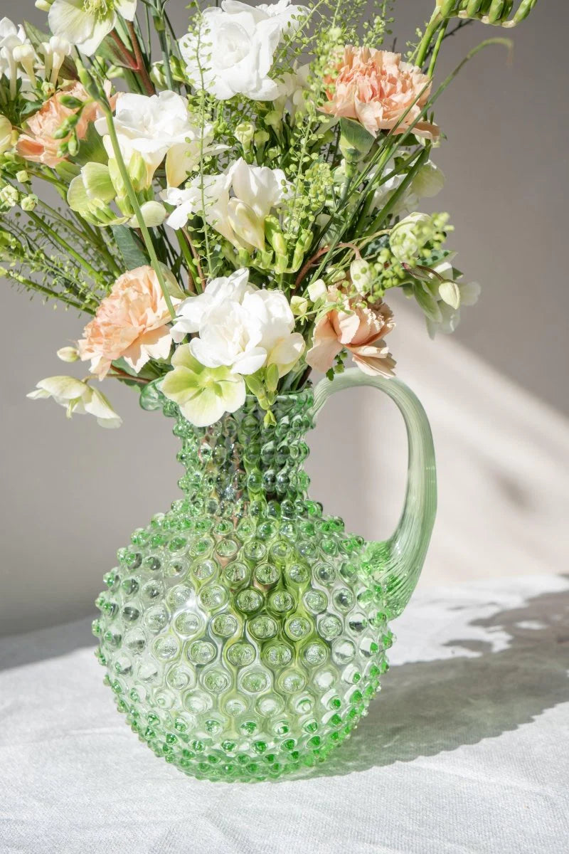 Light Green Bohemia Glass Hobnail Pitcher
