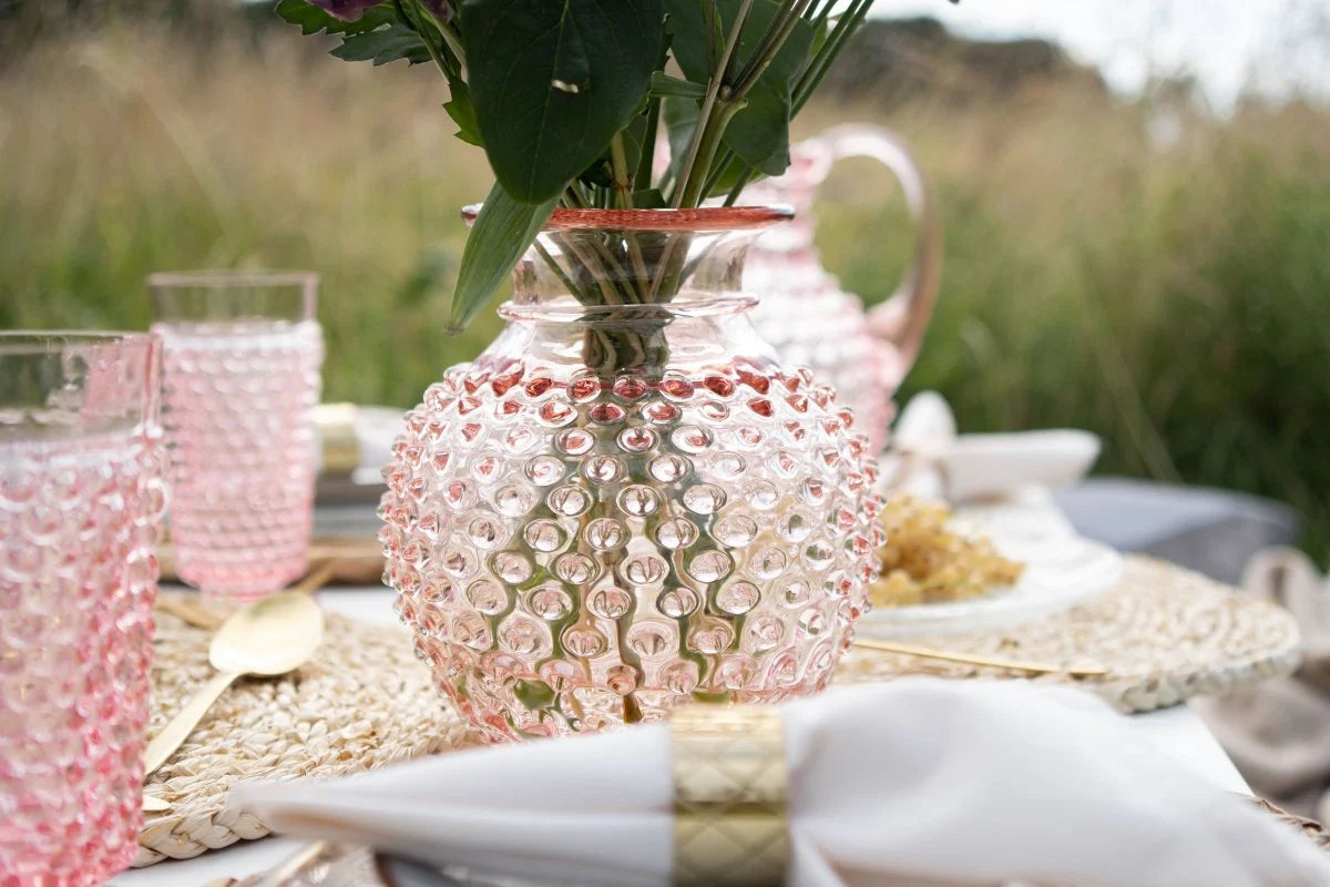Rose Pink Round Bohemia Glass Hobnail Vase
