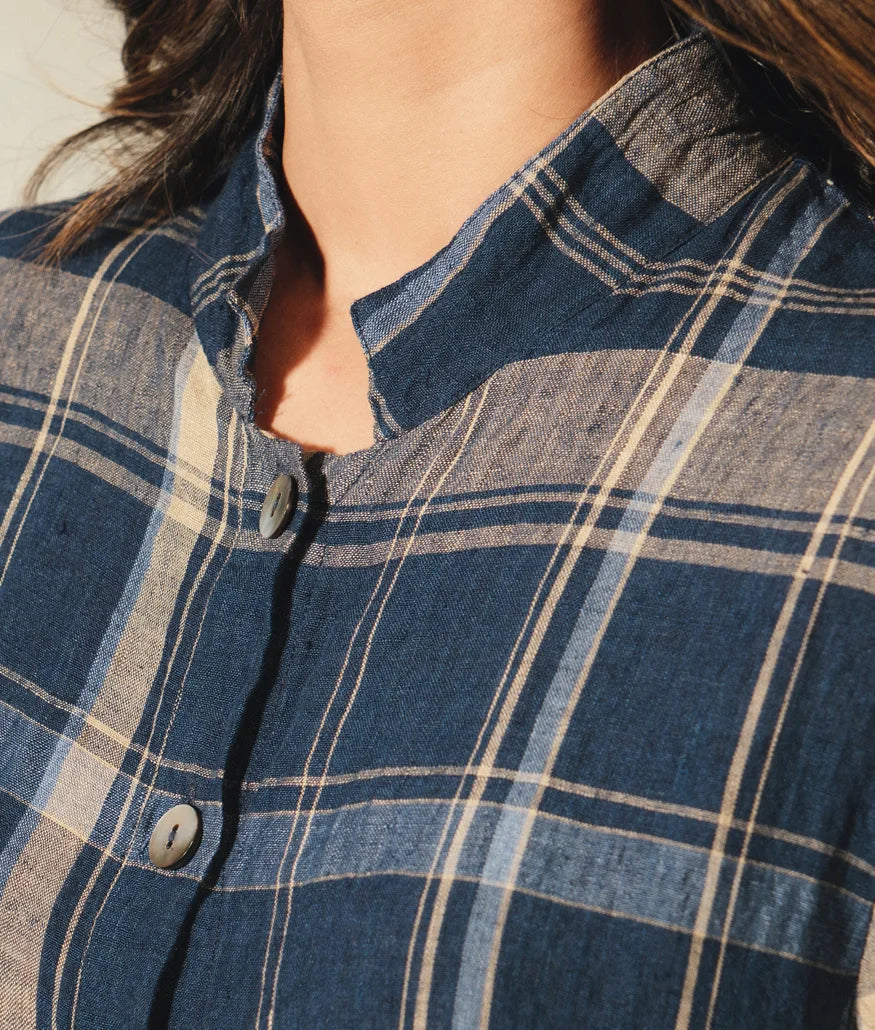 DVE 'Tara' Linen Dress - Navy And Beige Check