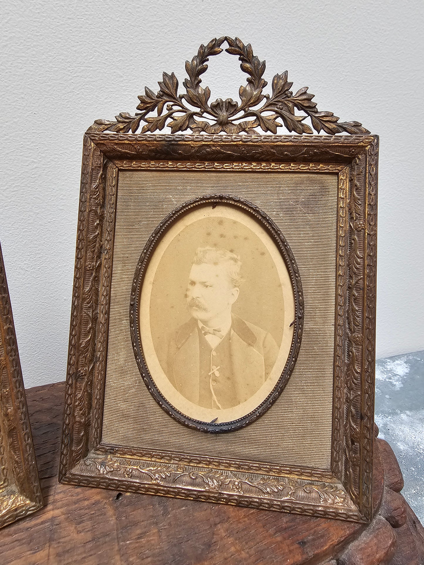 Antique French Pair of Small Brass Photo Frames with Portraits