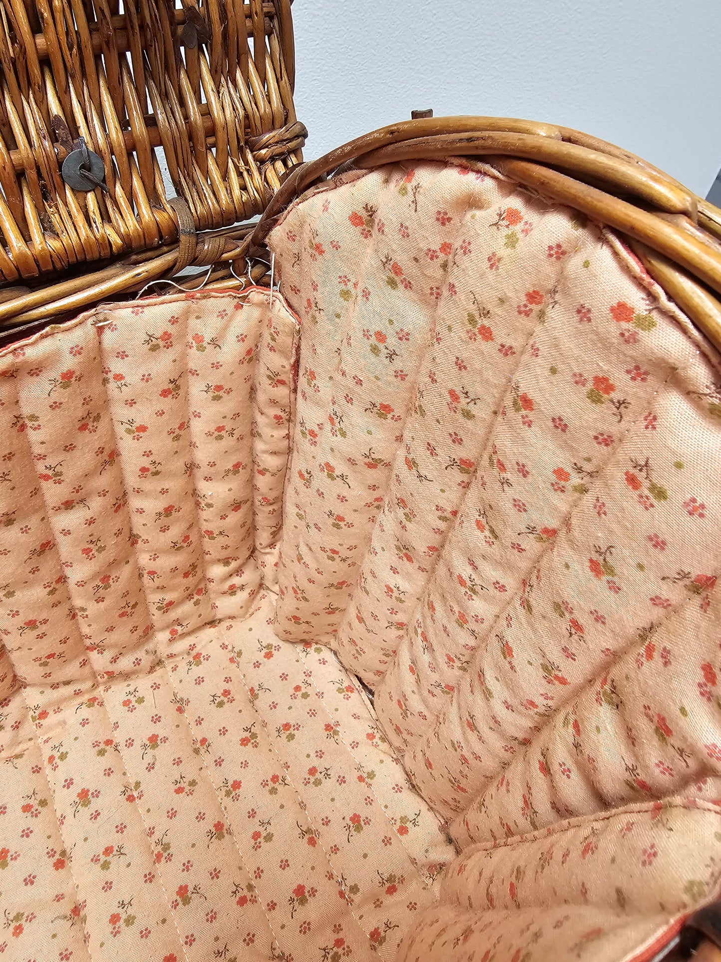 Antique French Large Cane Basket with Pink Floral Lining
