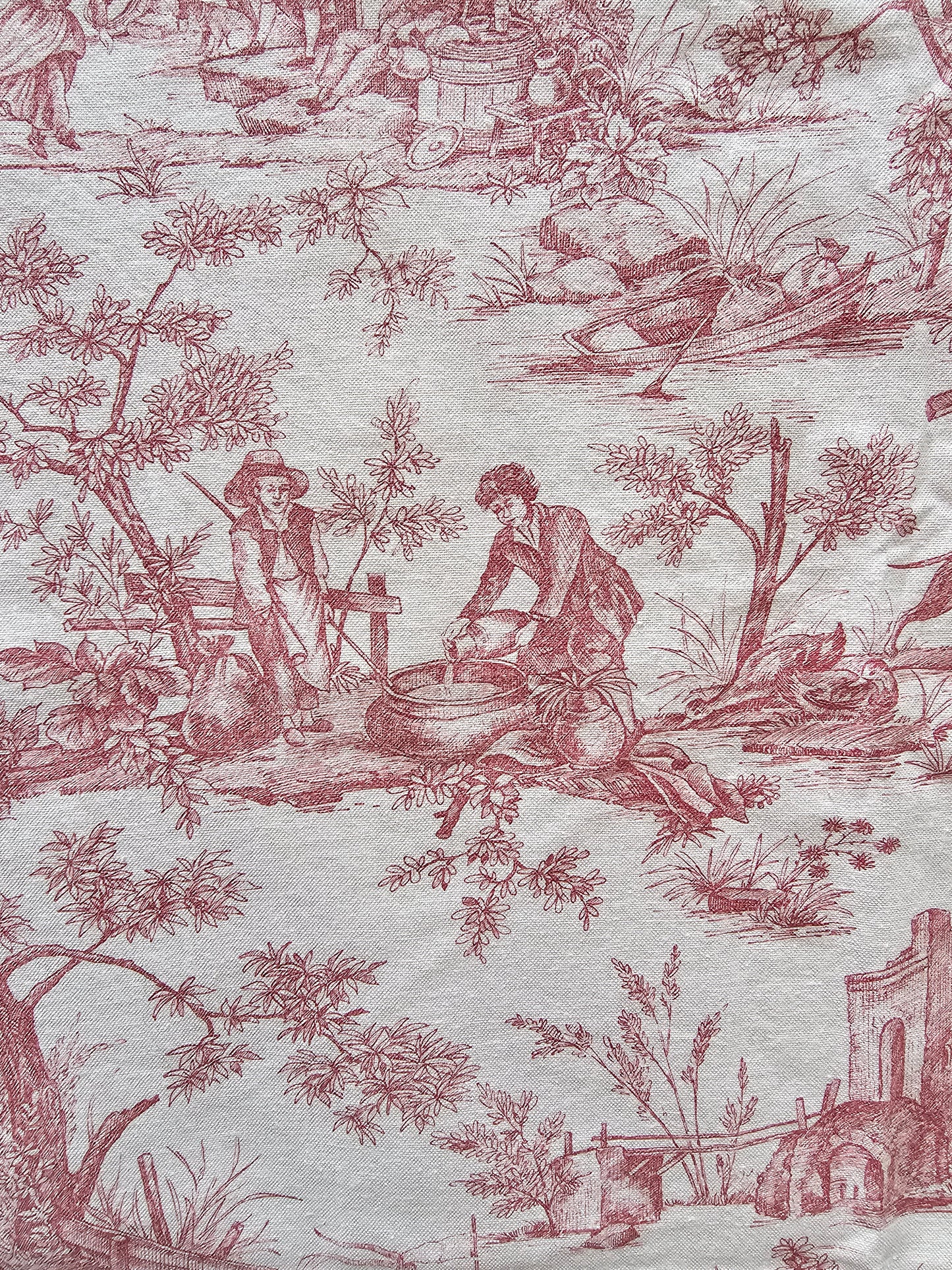 Antique French 'The Hamlet’ Raspberry Toile Fabric Cotton Piece 55x55cm