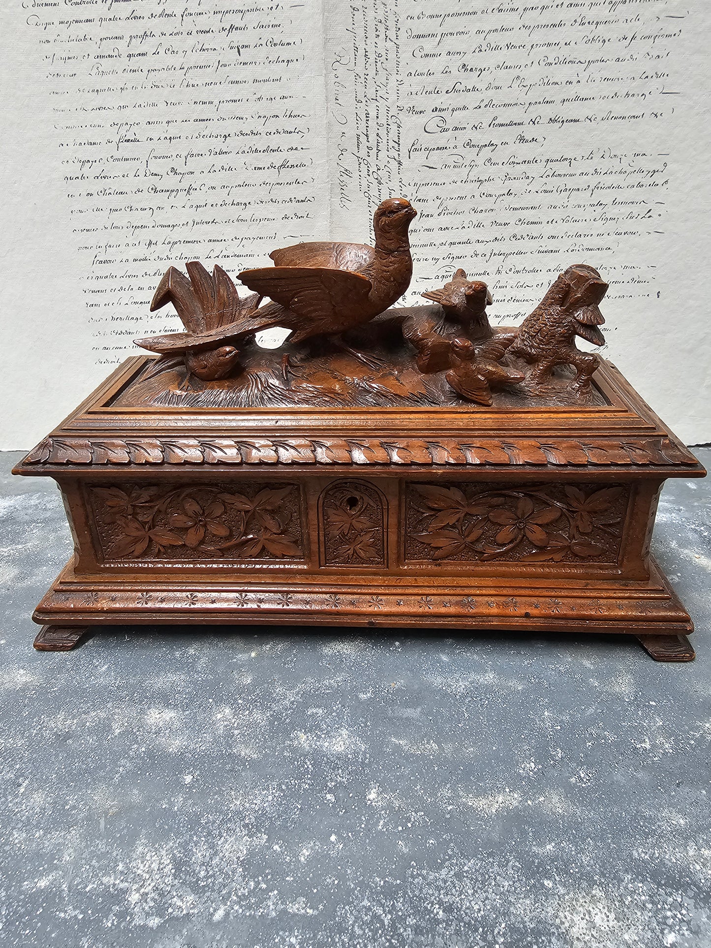 Antique French 'Birds' Black Forest Carved Wooden Box