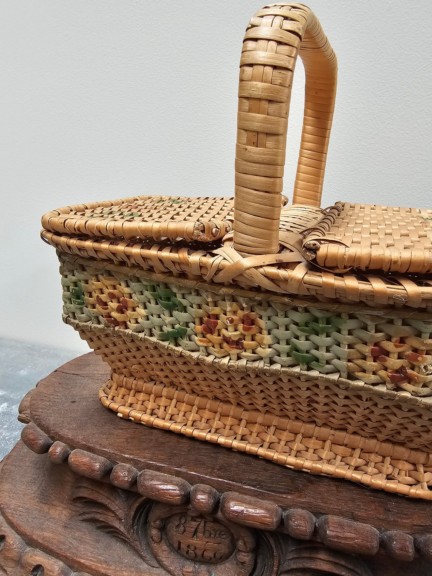 Antique French Petite Floral Cane Picnic/Sewing Basket