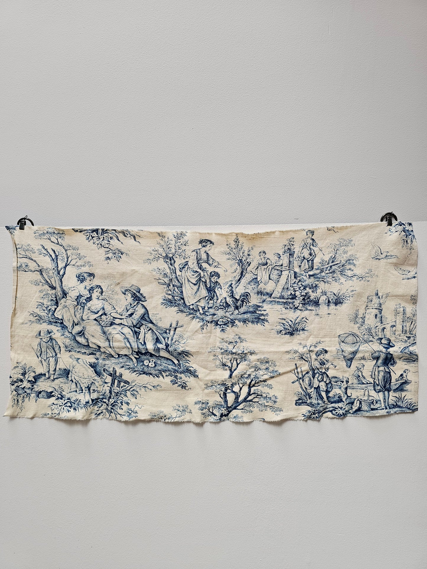 Antique French Blue 'Pastoral Scene' Toile Fabric Linen Piece 30x80cm