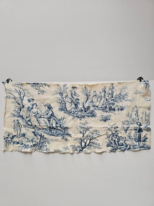 Antique French Blue 'Pastoral Scene' Toile Fabric Linen Piece 30x80cm