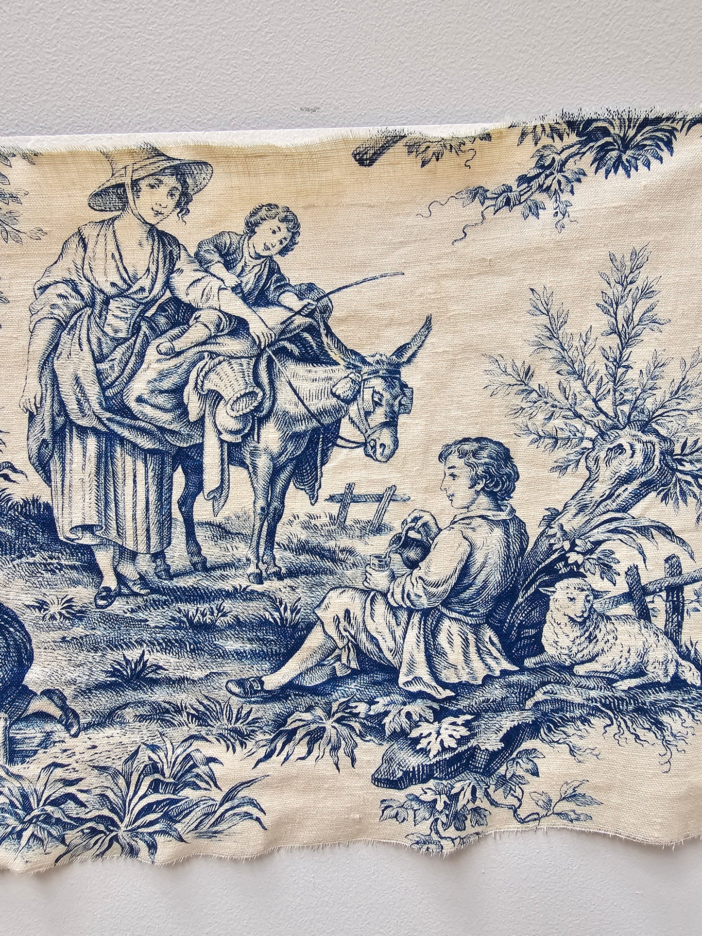 Antique French Blue 'Picnic & Fishing' Toile Fabric Linen Piece 30x80cm