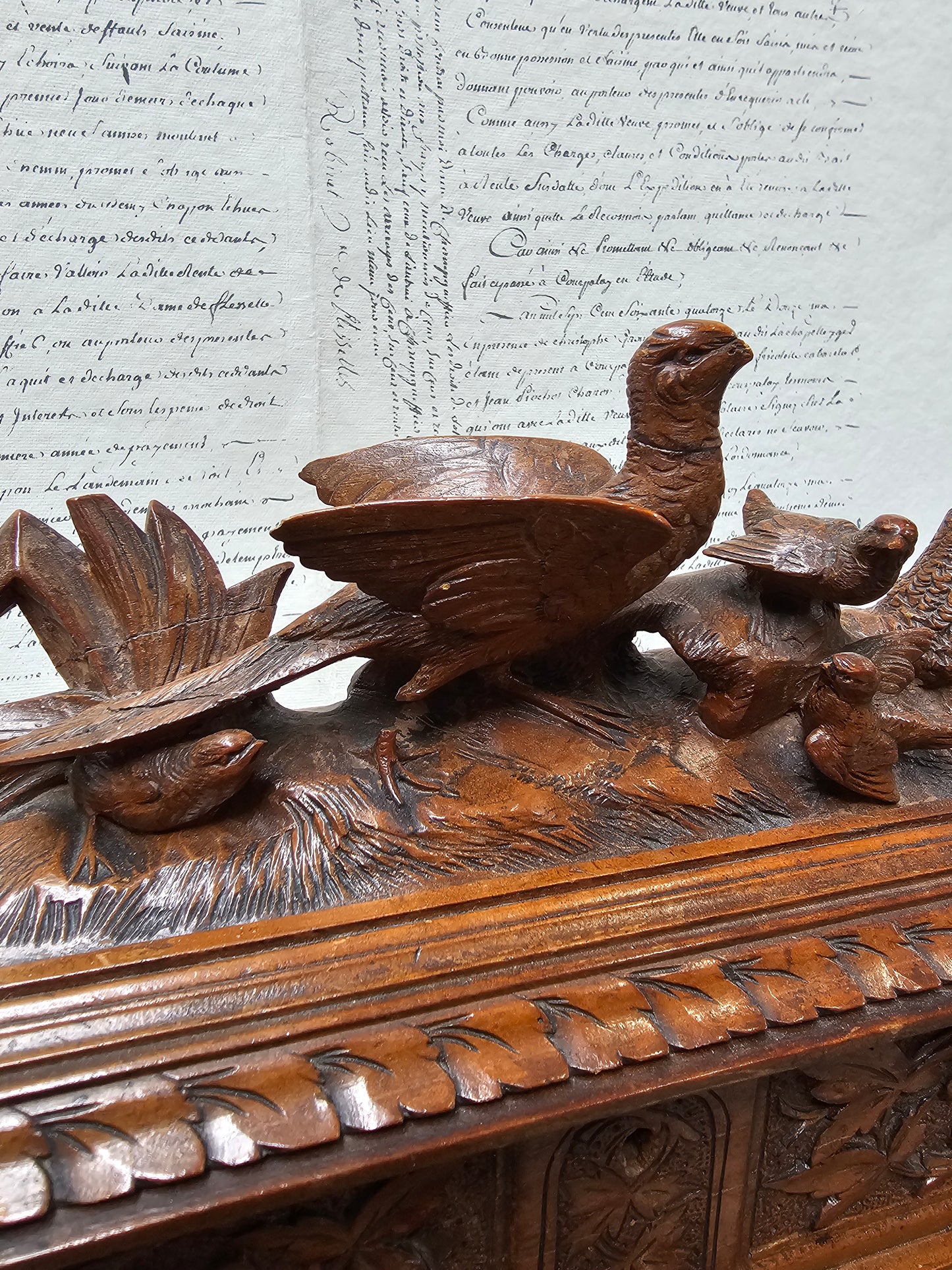 Antique French 'Birds' Black Forest Carved Wooden Box