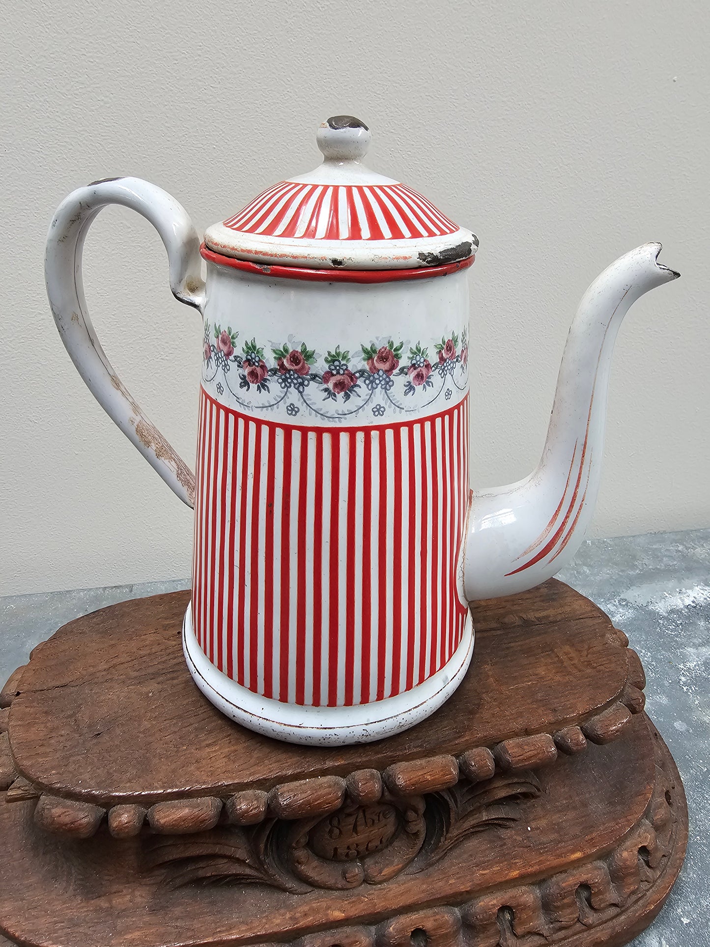 Vintage French Enamel Coffee Pot - Red Stripe with Rose Garland