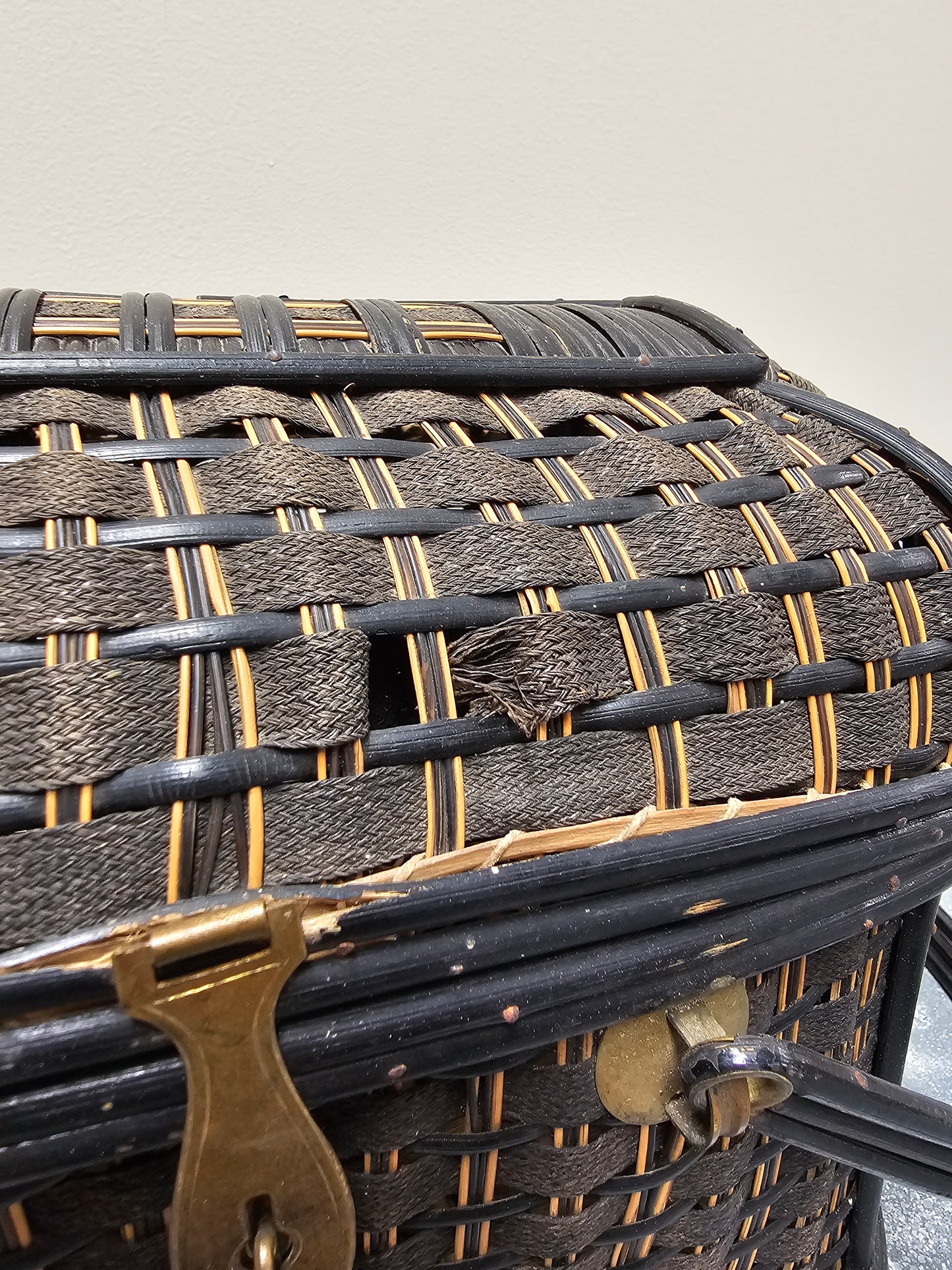 Antique French Art Deco Cane Basket - Black & Ecru