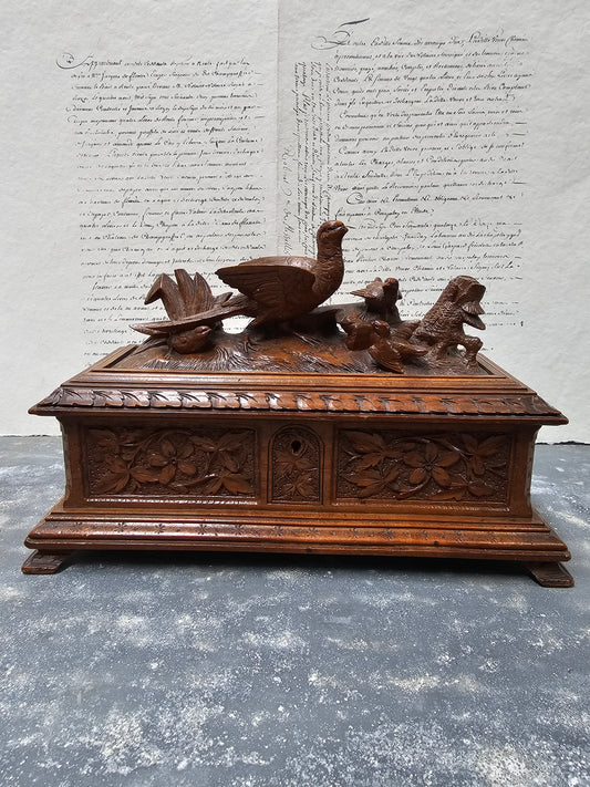 Antique French 'Birds' Black Forest Carved Wooden Box