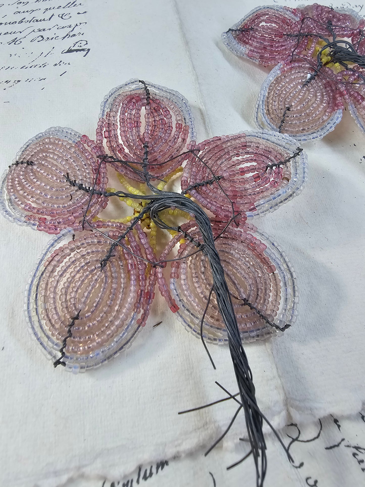 Antique French Glass Beaded Flower Pair