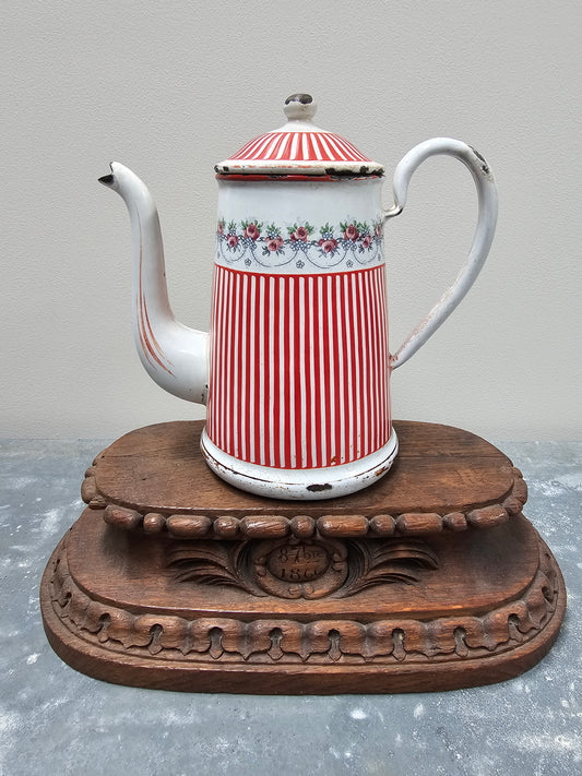 Vintage French Enamel Coffee Pot - Red Stripe with Rose Garland