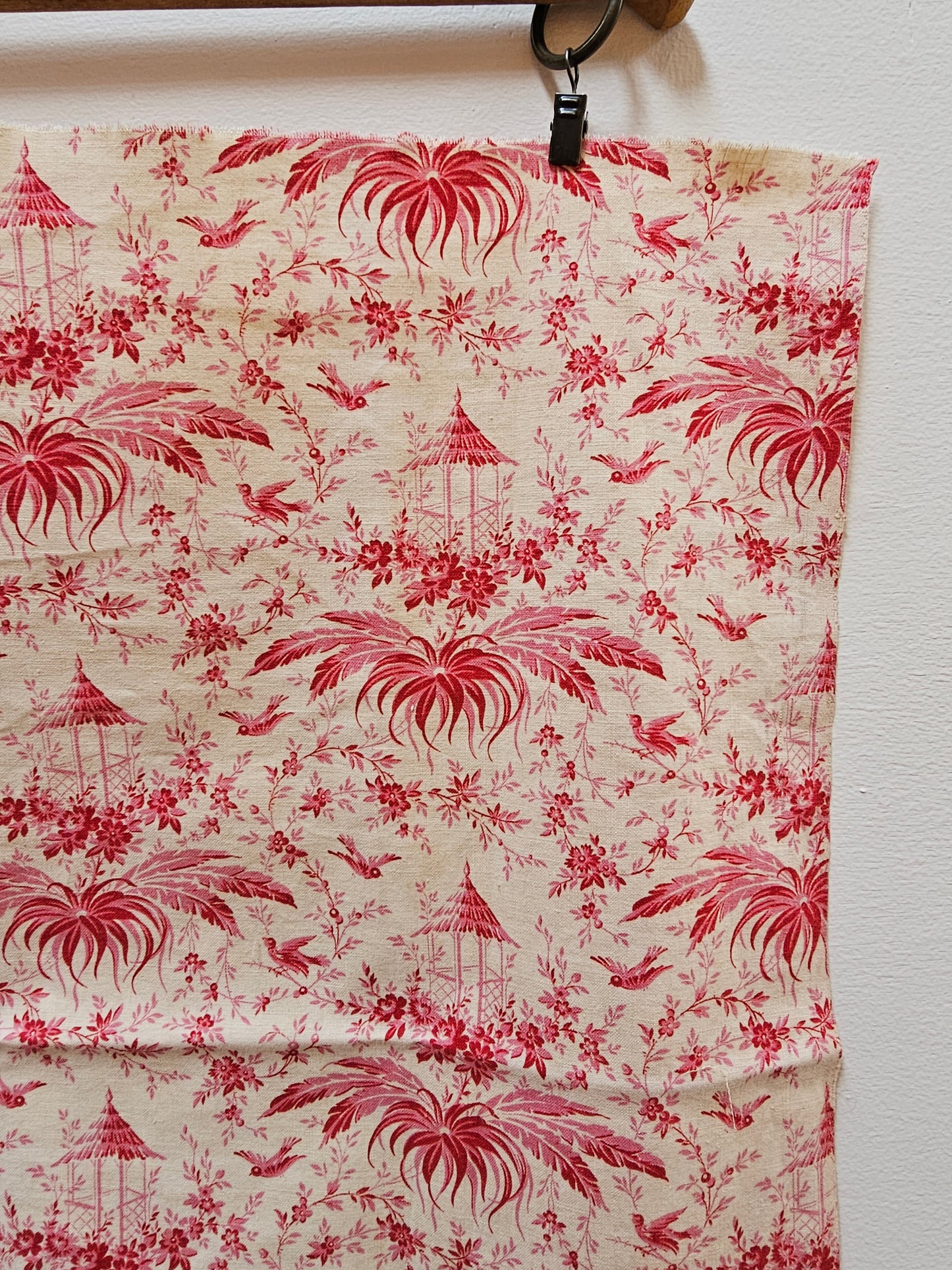Antique French 'Garden Pavilion' Raspberry Toile Fabric Cotton Piece 50x50cm