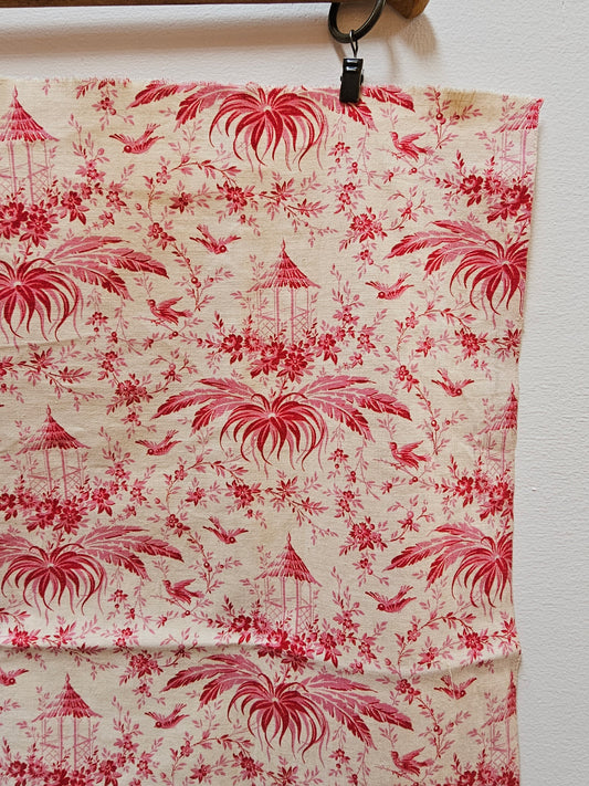 Antique French 'Garden Pavilion' Raspberry Toile Fabric Cotton Piece 50x50cm