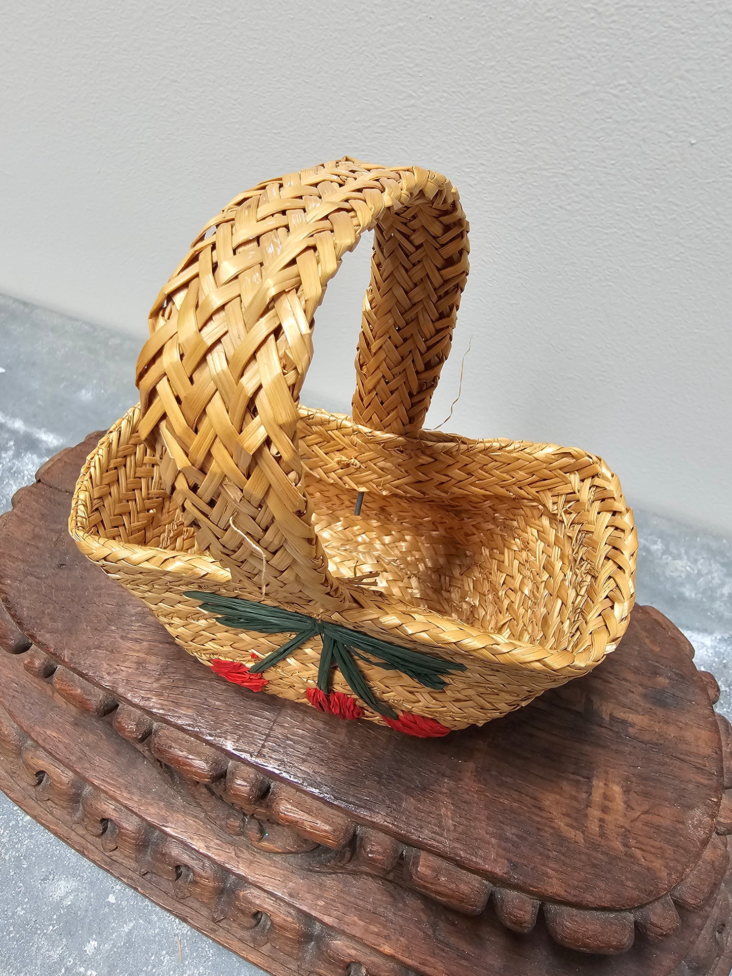 Vintage French Petite Cherry Raffia Basket