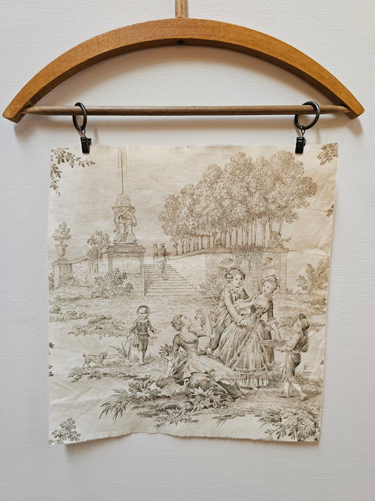 Antique French 'Garden Party' Green Toile Fabric Cotton Piece