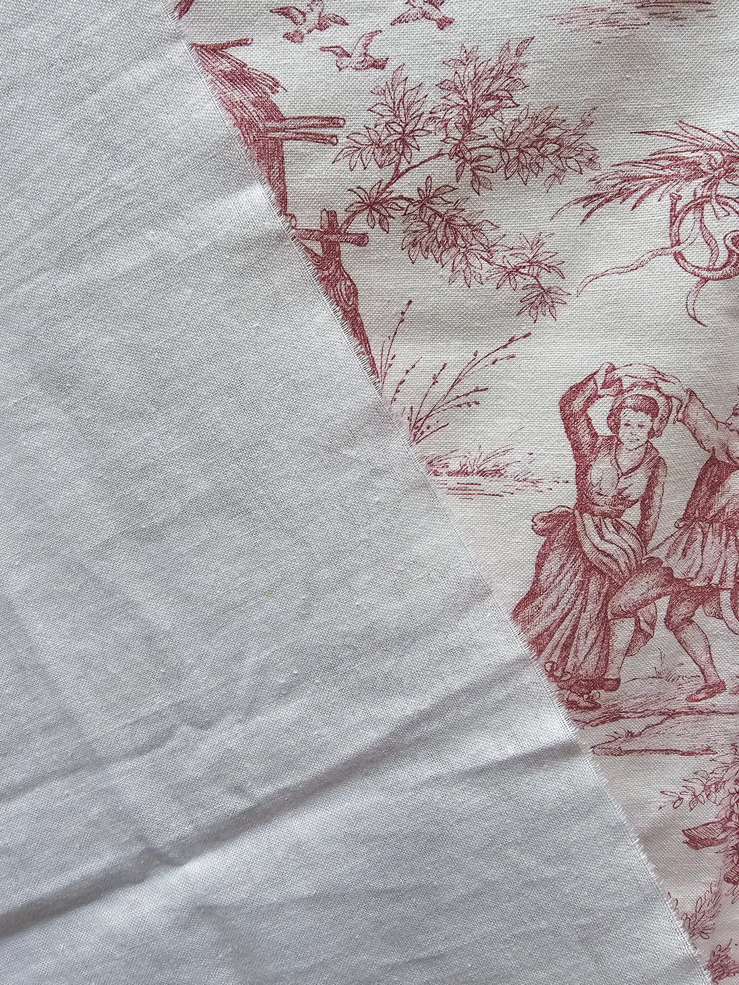 Antique French 'The Hamlet’ Raspberry Toile Fabric Cotton Piece 55x55cm