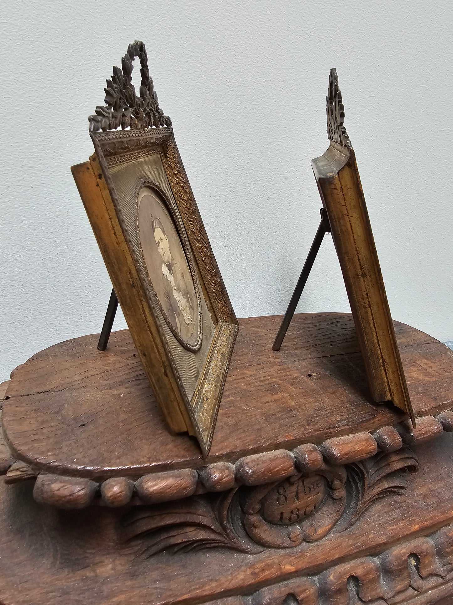 Antique French Pair of Small Brass Photo Frames with Portraits