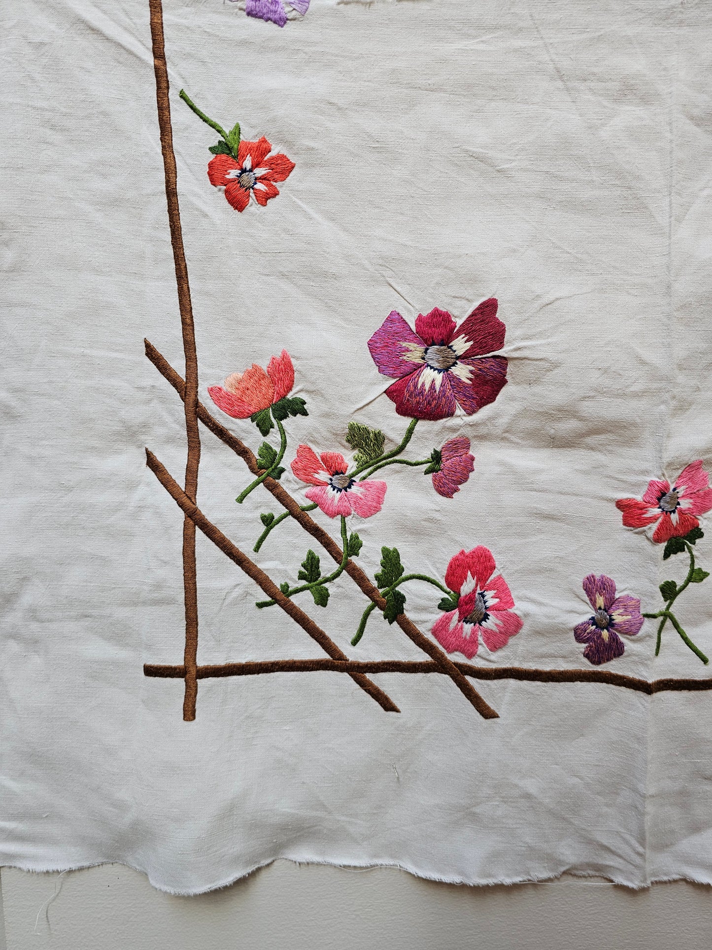 Vintage French Floral Embroidered Fabric Cotton Piece