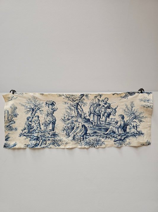 Antique French Blue 'Picnic & Fishing' Toile Fabric Linen Piece 30x80cm