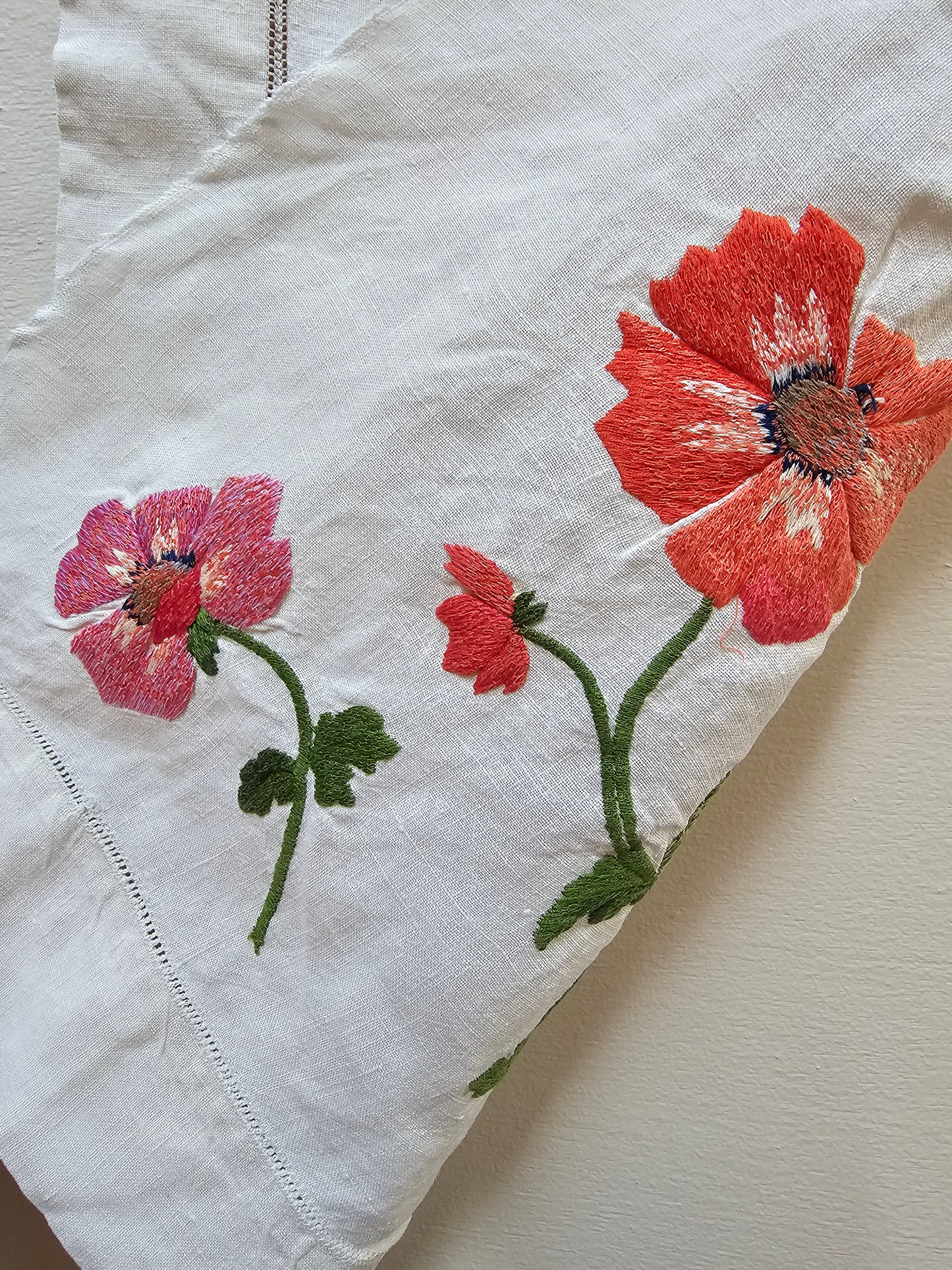 Vintage French Floral Embroidered Fabric Cotton Piece