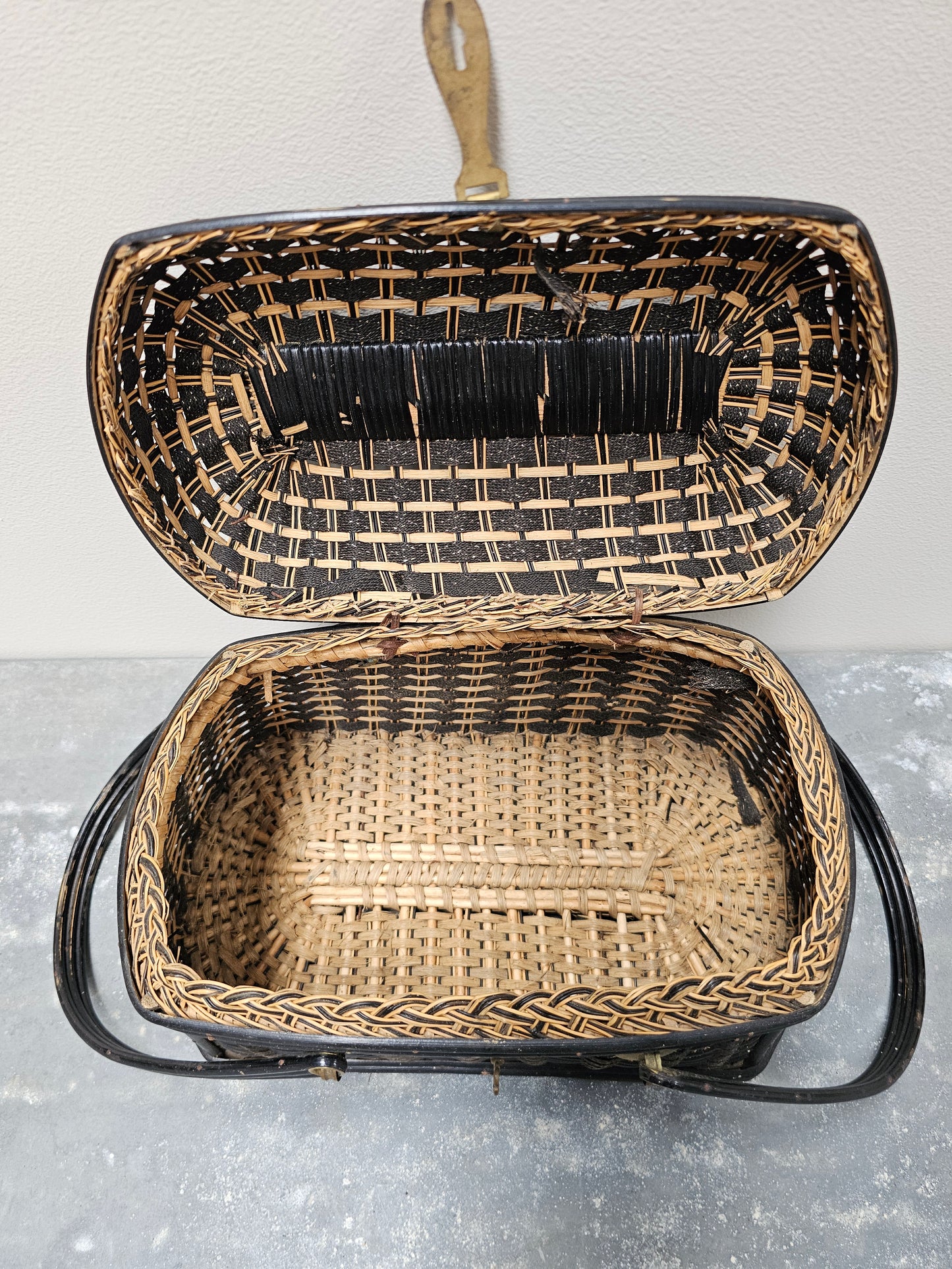 Antique French Art Deco Cane Basket - Black & Ecru
