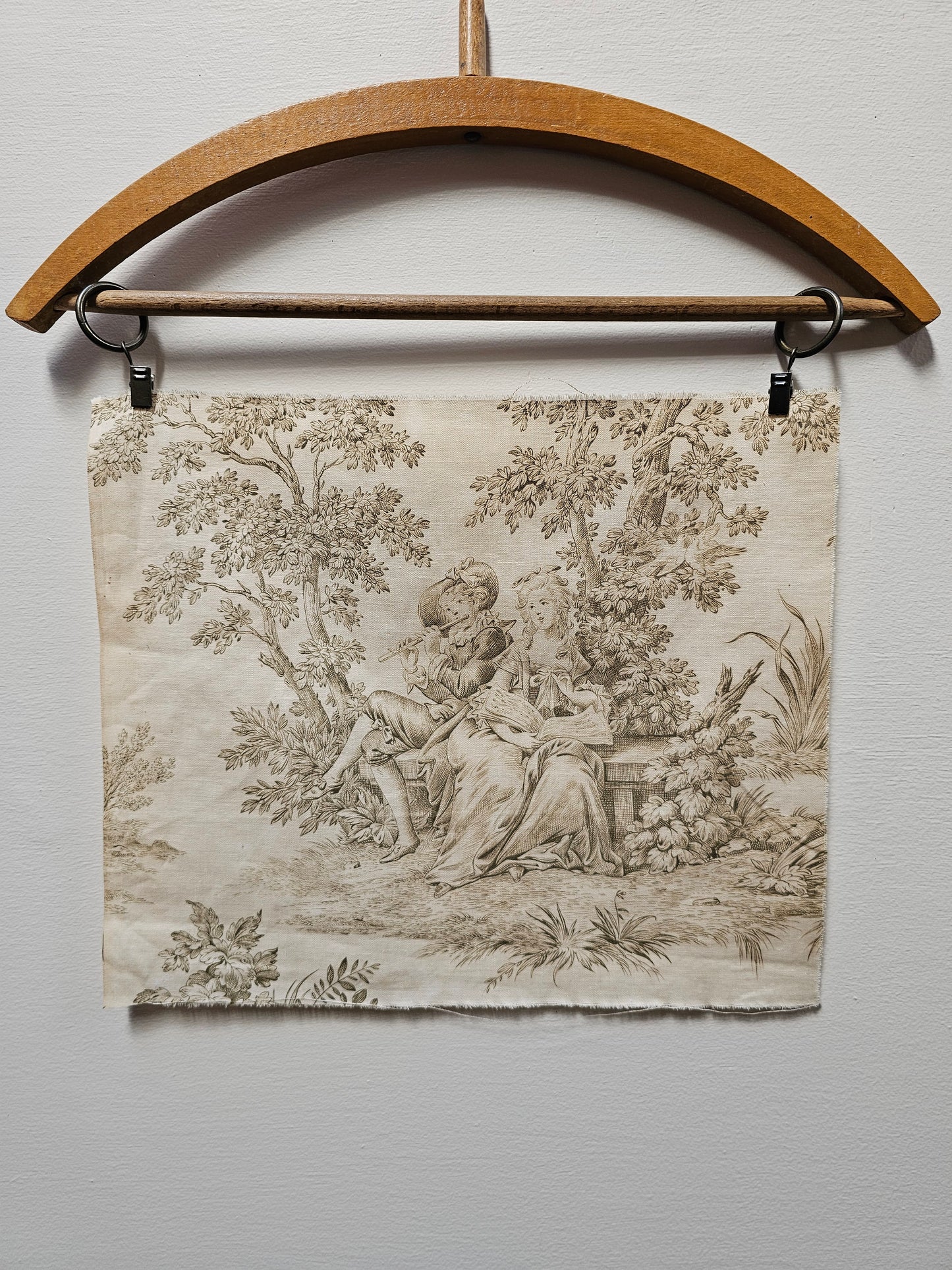 Antique French 'Love Song' Green Toile Fabric Cotton Piece