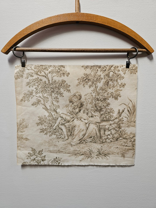 Antique French 'Love Song' Green Toile Fabric Cotton Piece