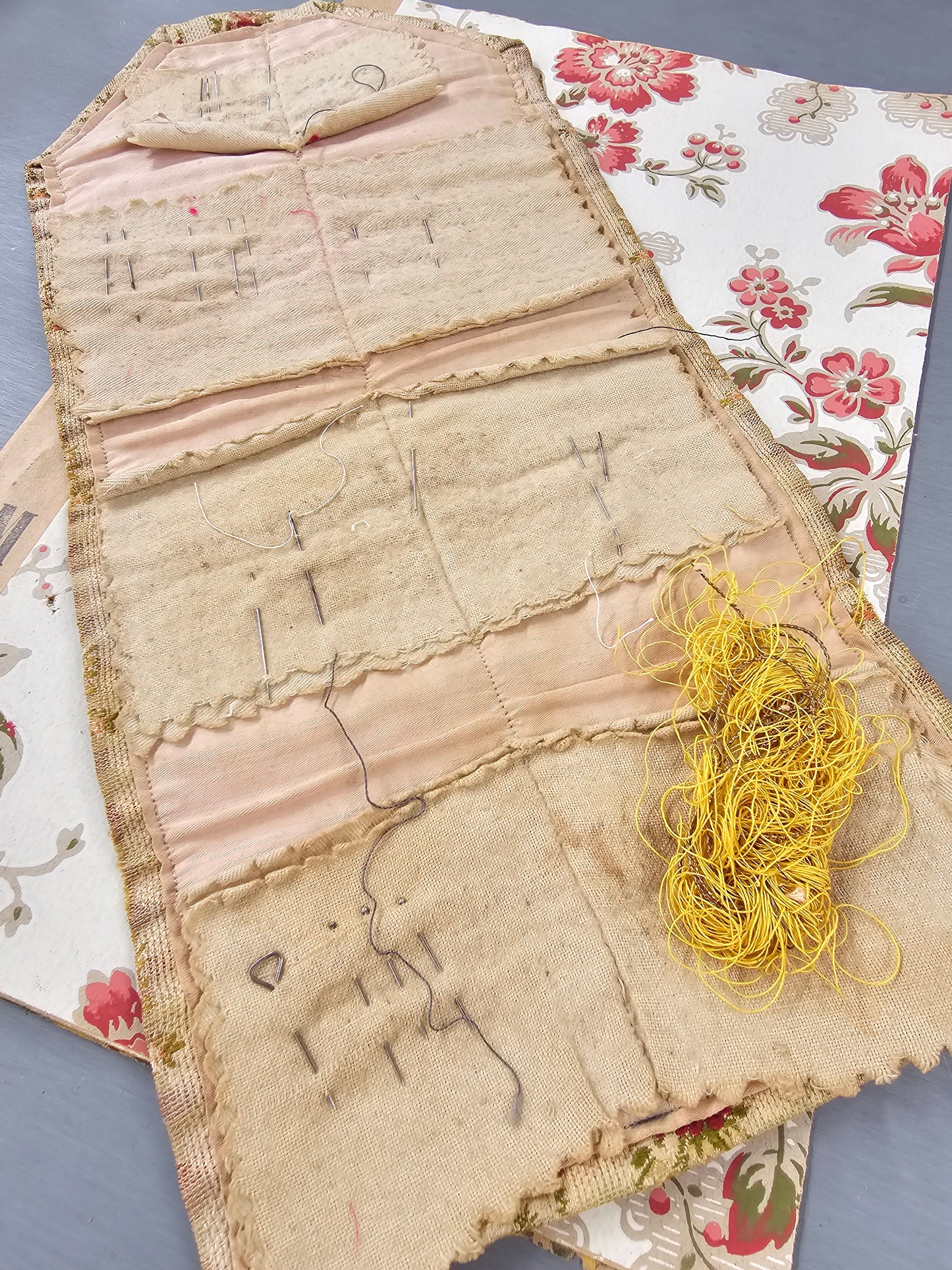 Antique French Silk Brocade Folding Needle Case