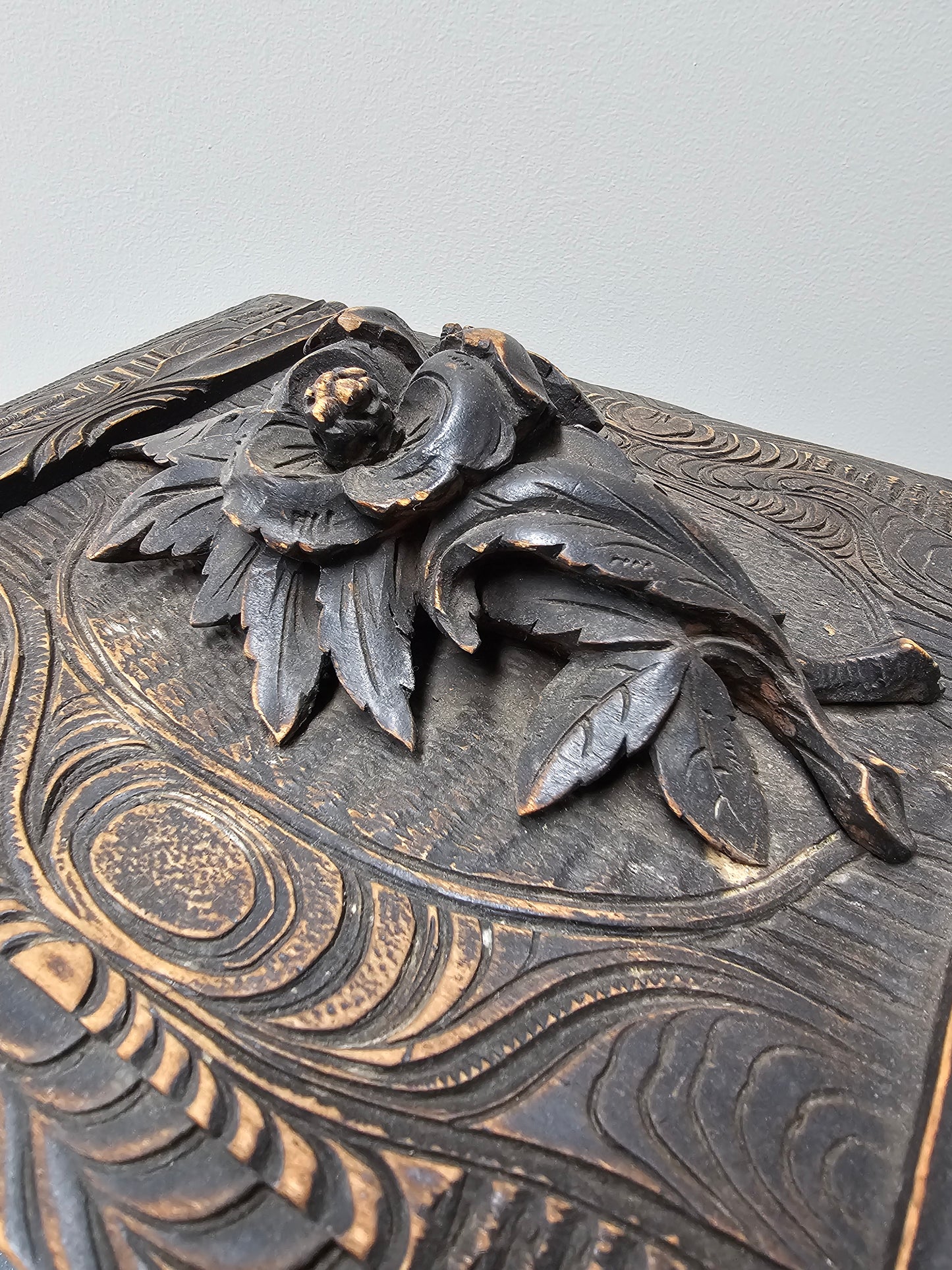 Antique French Large Black Forest Carved Wooden Box