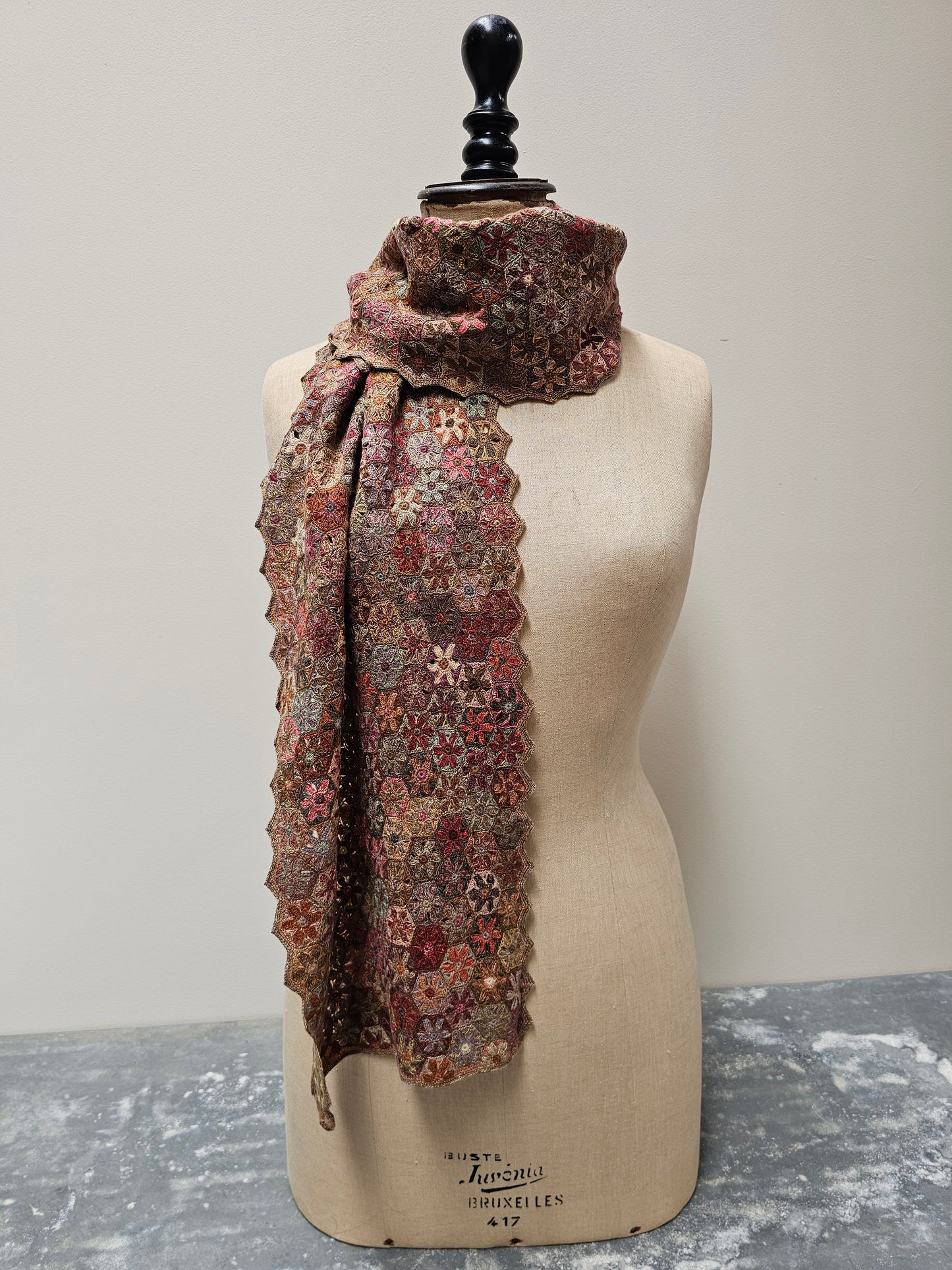 Sophie Digard Warm Geometric Floral Crochet Wool Scarf