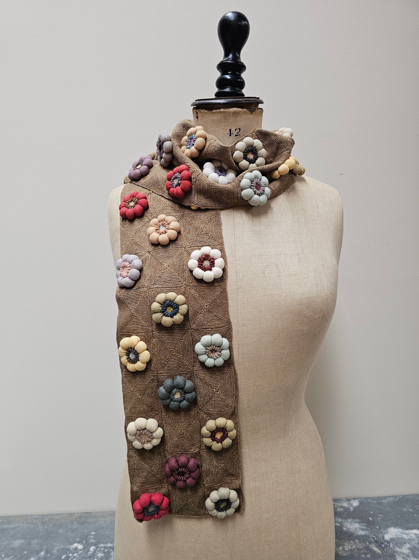 Sophie Digard Latte Crochet Wool Scarf with Large Bobble Flowers