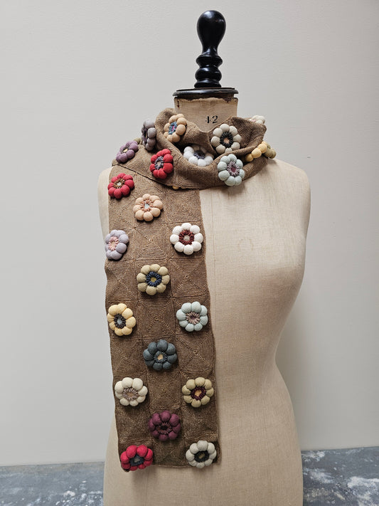 Sophie Digard Latte Crochet Wool Scarf with Large Bobble Flowers