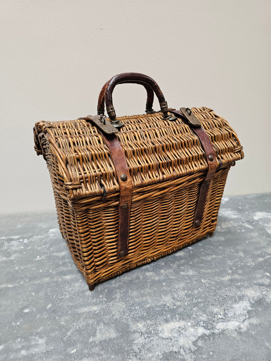 Antique French Large Cane Basket with Pink Floral Lining