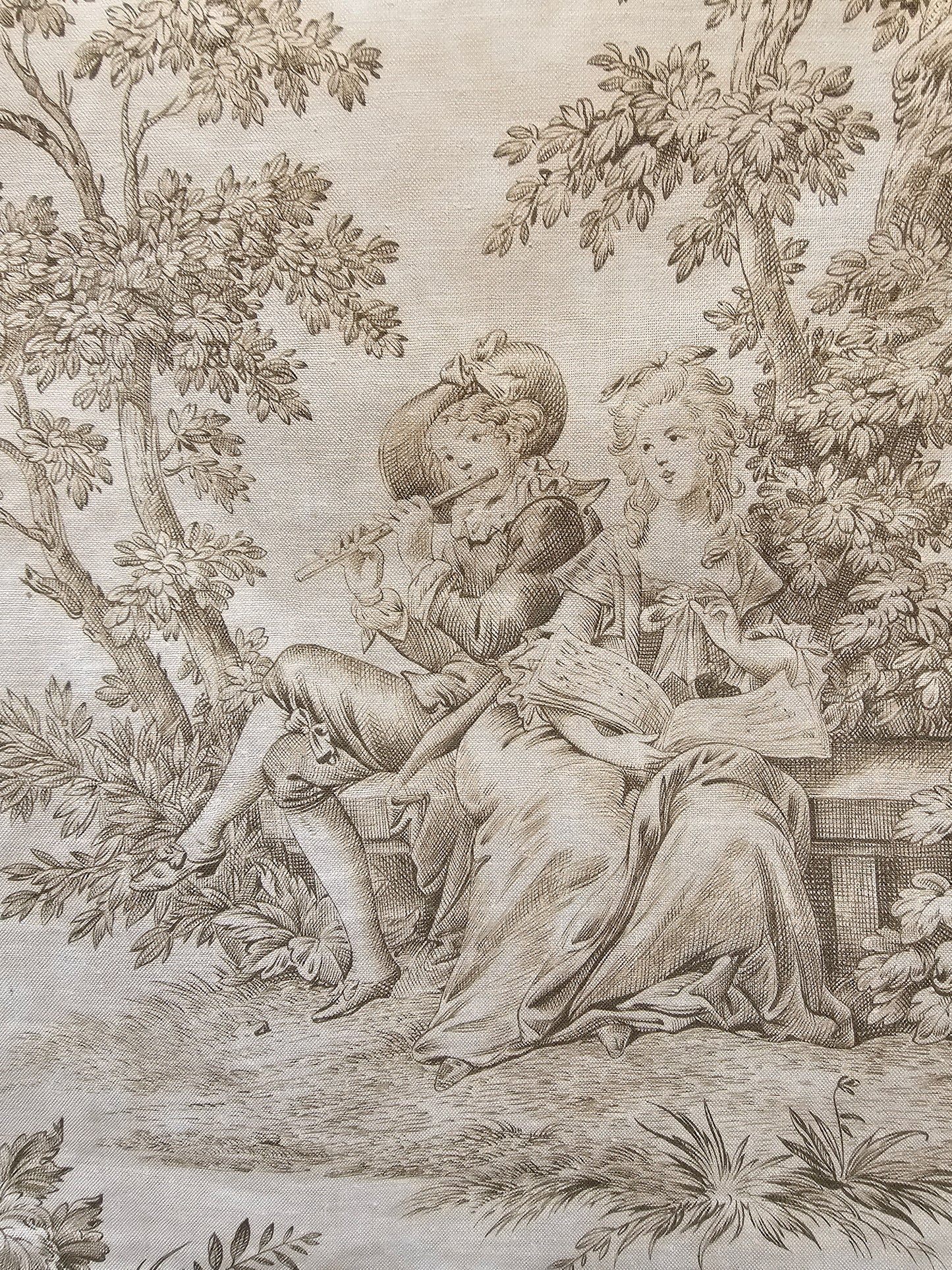 Antique French 'Love Song' Green Toile Fabric Cotton Piece