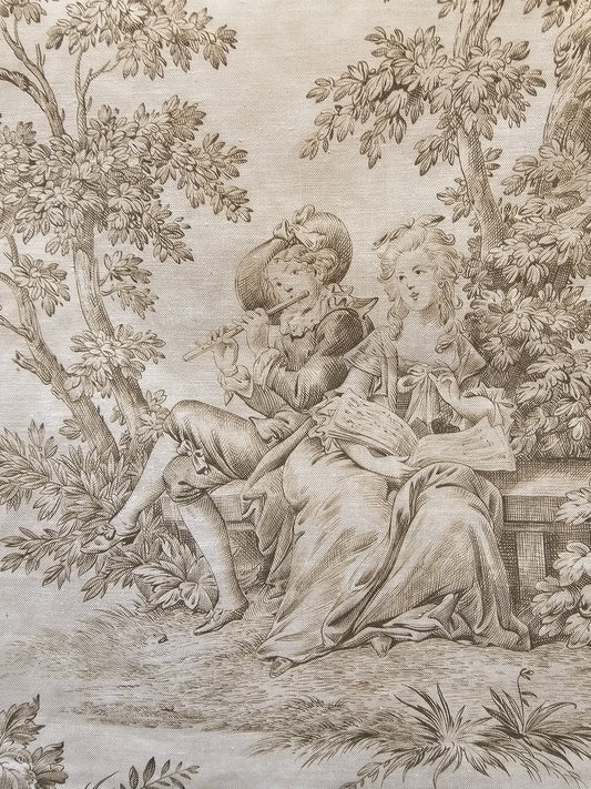 Antique French 'Love Song' Green Toile Fabric Cotton Piece