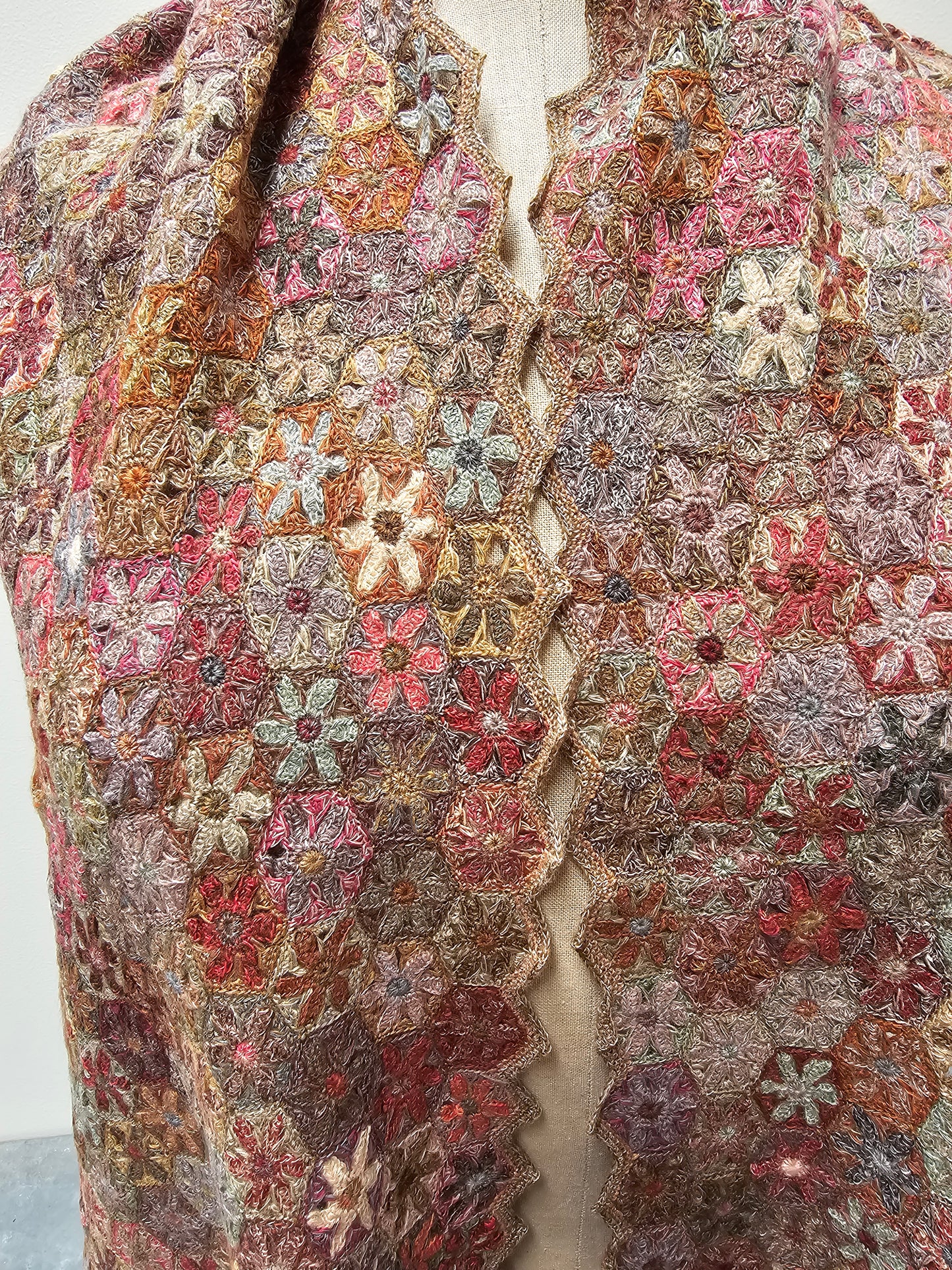 Sophie Digard Warm Geometric Floral Crochet Wool Scarf