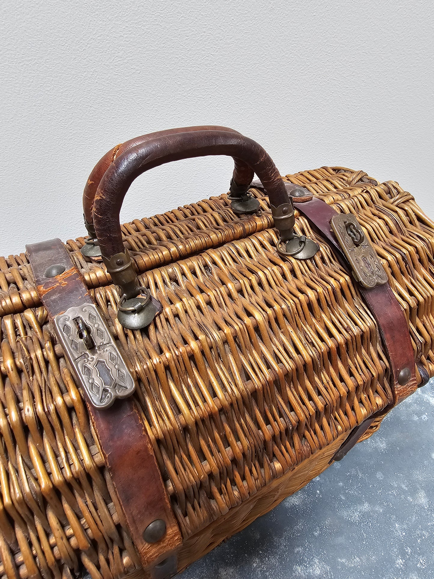 Antique French Large Cane Basket with Pink Floral Lining