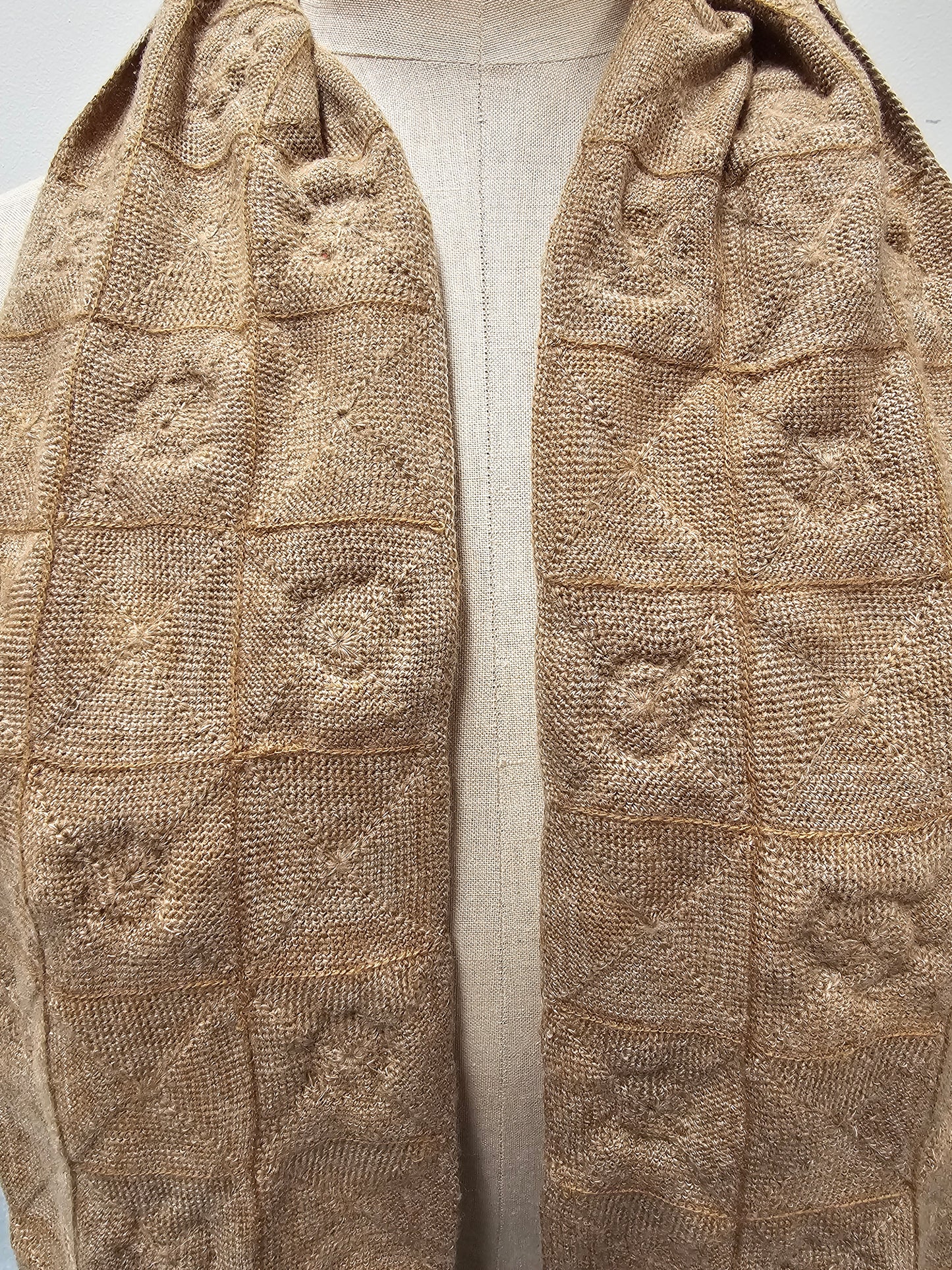 Sophie Digard Latte Crochet Wool Scarf with Large Bobble Flowers
