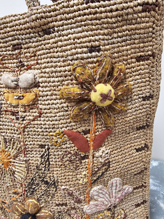 Sophie Digard Large Ecru Raffia Flower Garden Bag