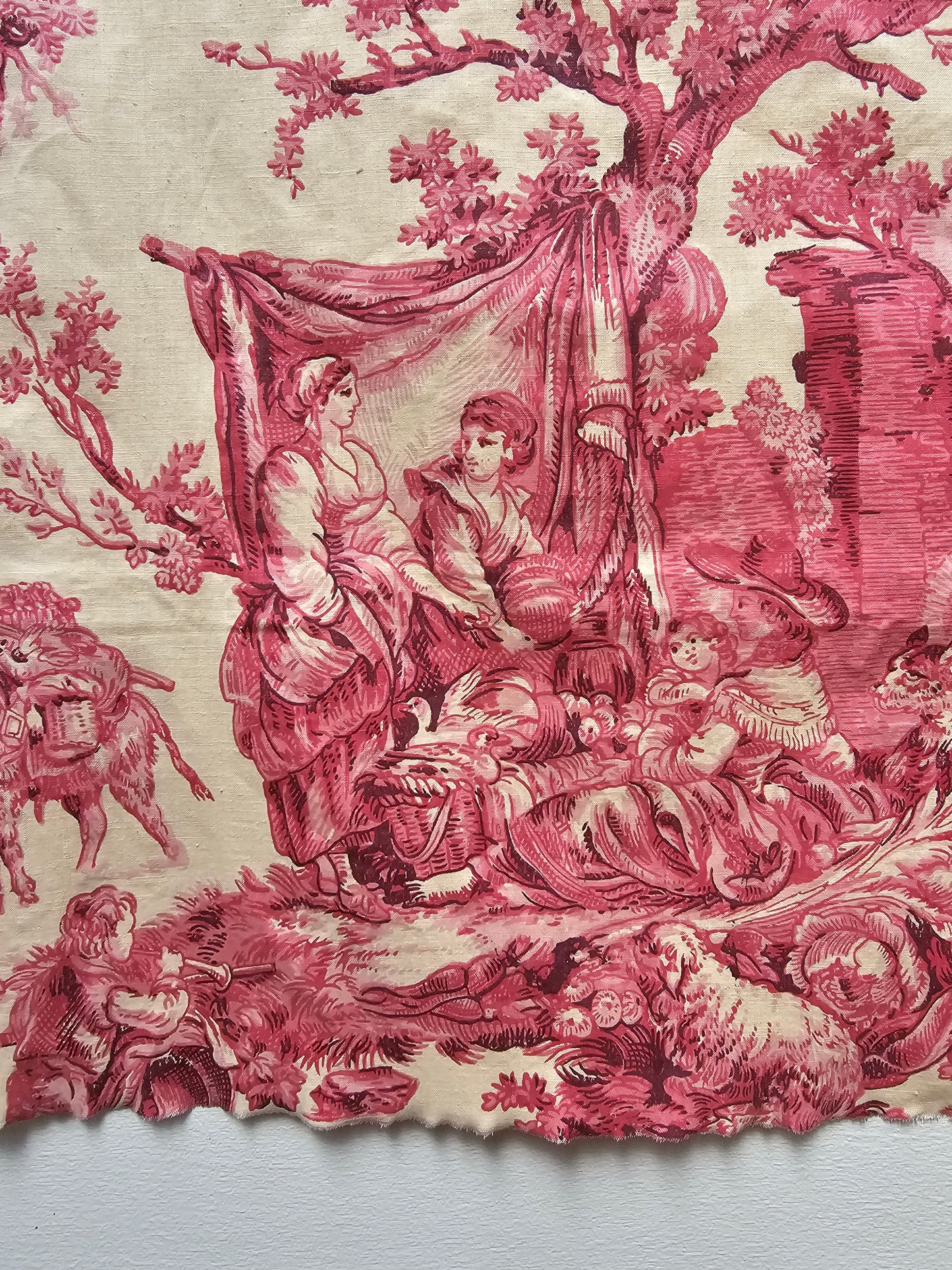 Antique French 'Picnic' Raspberry Toile Fabric Cotton Piece 65x40cm