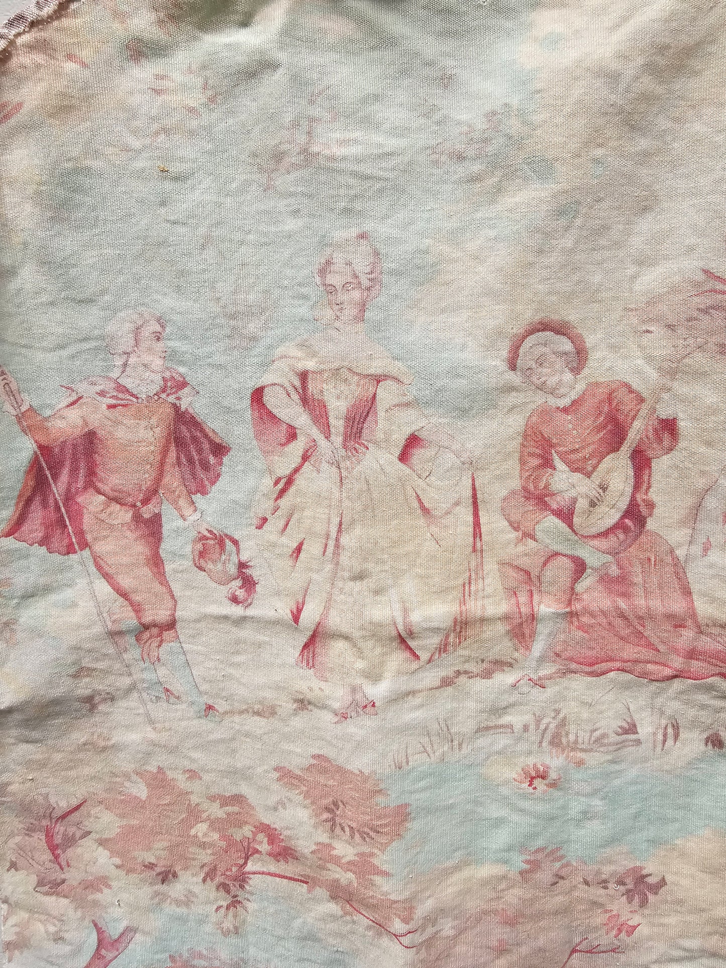 Antique French Pastel Toile Fabric Cotton Piece