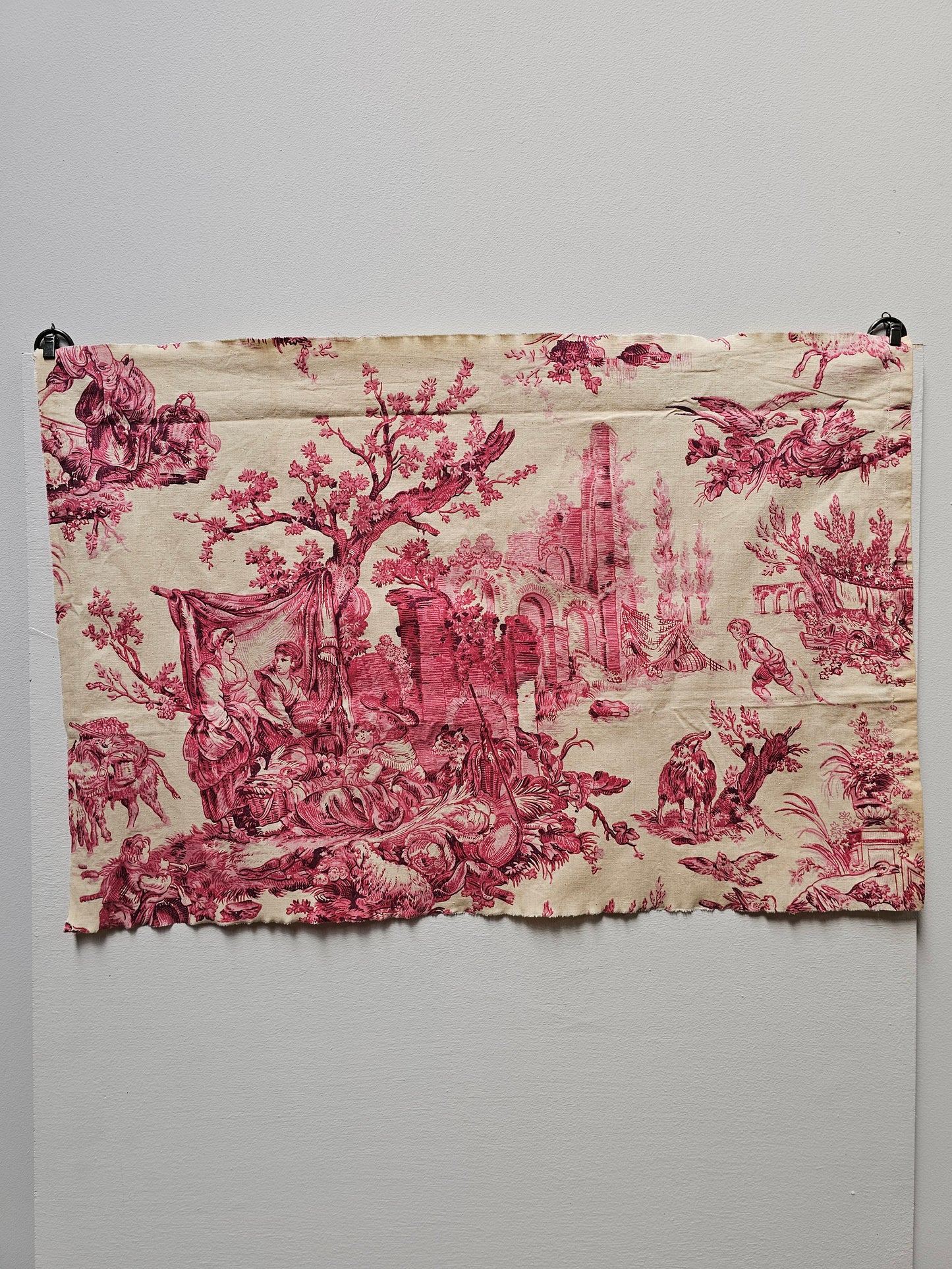 Antique French 'Picnic' Raspberry Toile Fabric Cotton Piece 65x40cm