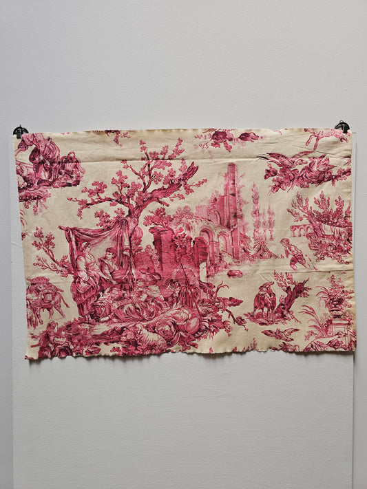 Antique French 'Picnic' Raspberry Toile Fabric Cotton Piece 65x40cm