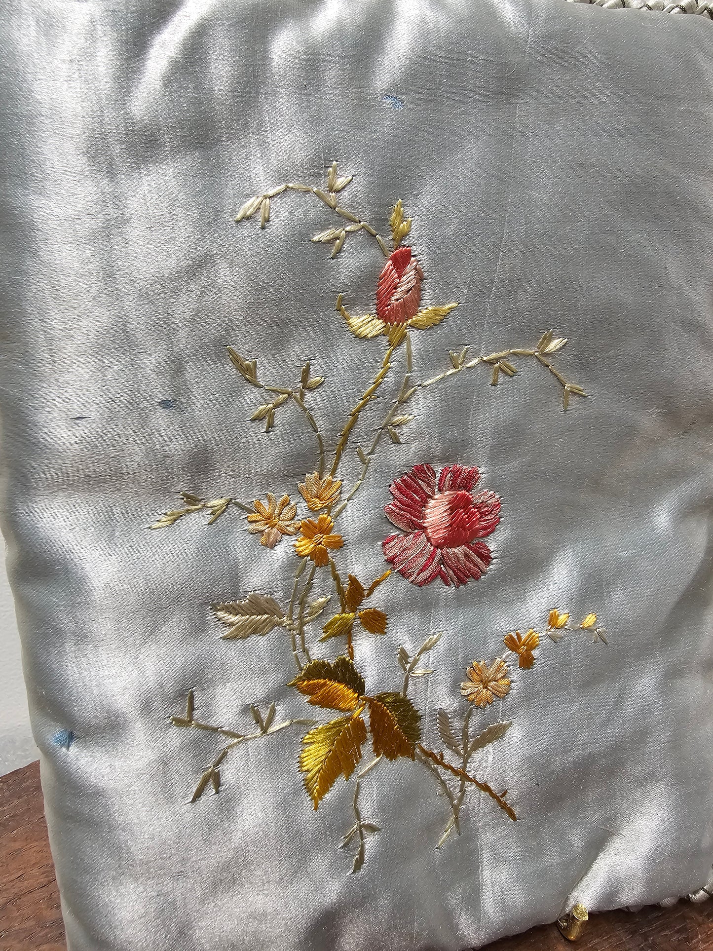 Antique French Blue Silk Needle Book with Floral Embroidery