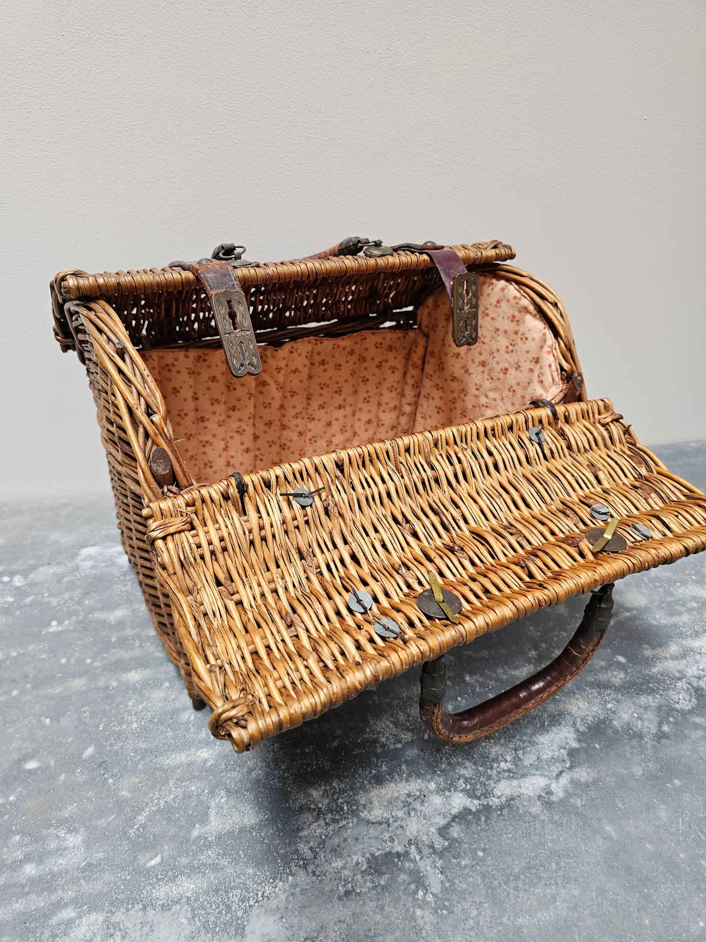 Antique French Large Cane Basket with Pink Floral Lining