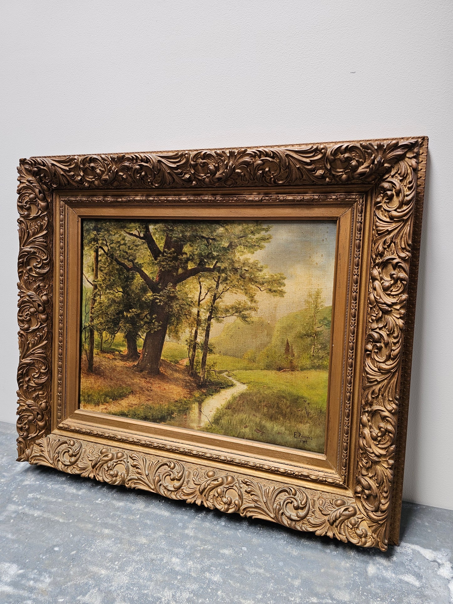 Antique European Framed Forest Scene Painting