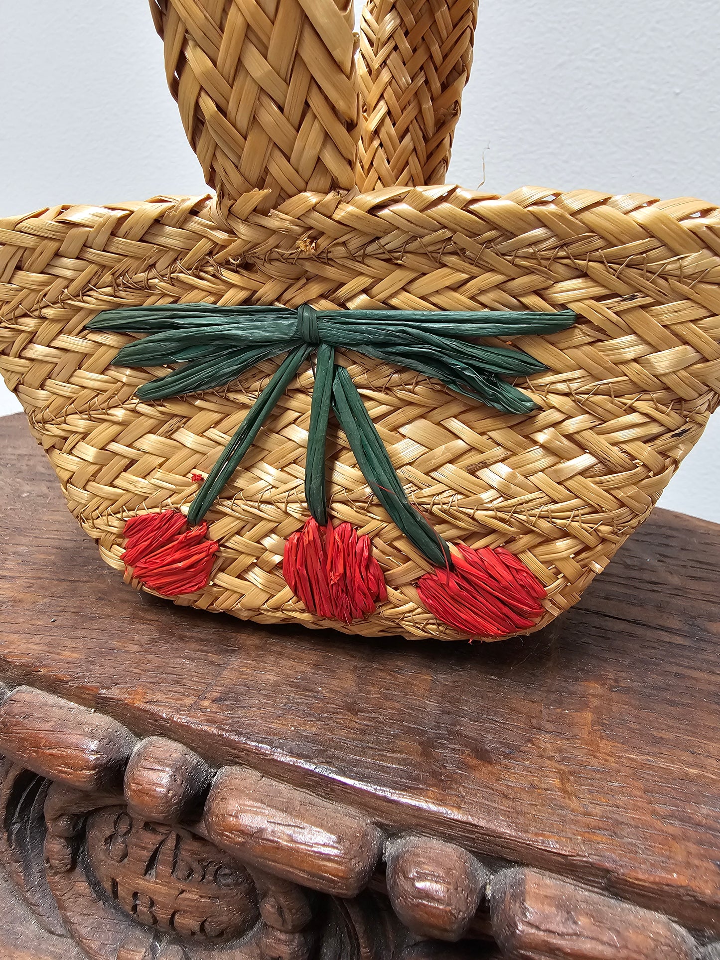 Vintage French Petite Cherry Raffia Basket